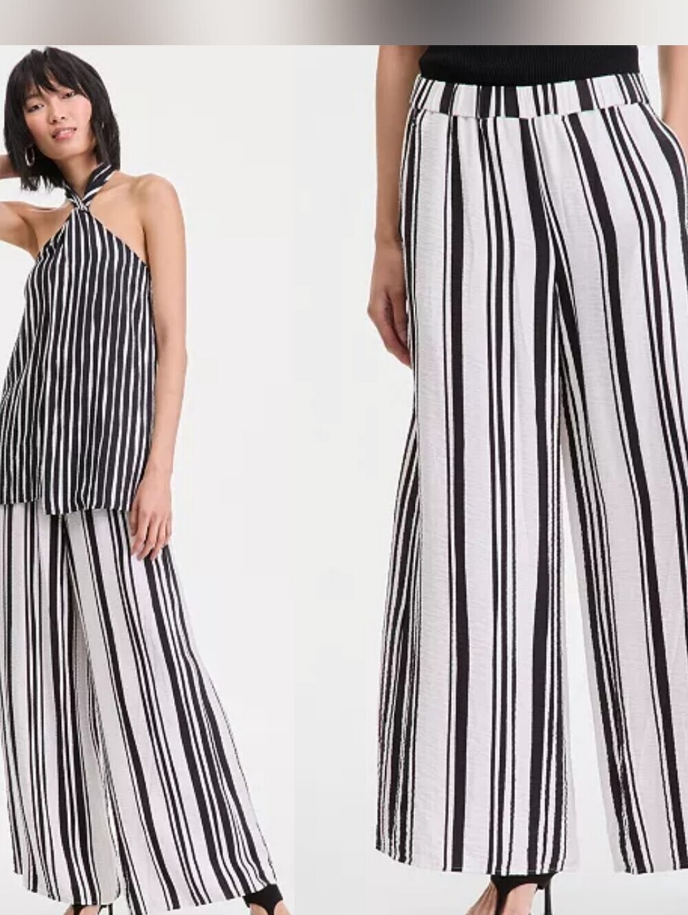 New York & Company Stretch Navy White Stripe Wide Leg Long Polyester Pants Sz 2